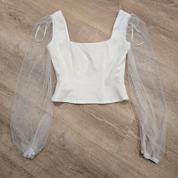 Lulus Deluxe Poise White Pearl Mesh Balloon Sleeve Top Women's Small Cropped NWT - Picture 2 of 8